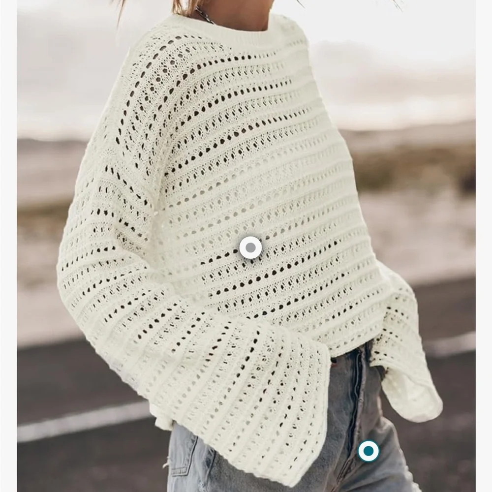 White Crochet Sweater Open Weave Cozy Cotton Blend Bell Sleeves Amazon NWOT - Picture 2 of 8